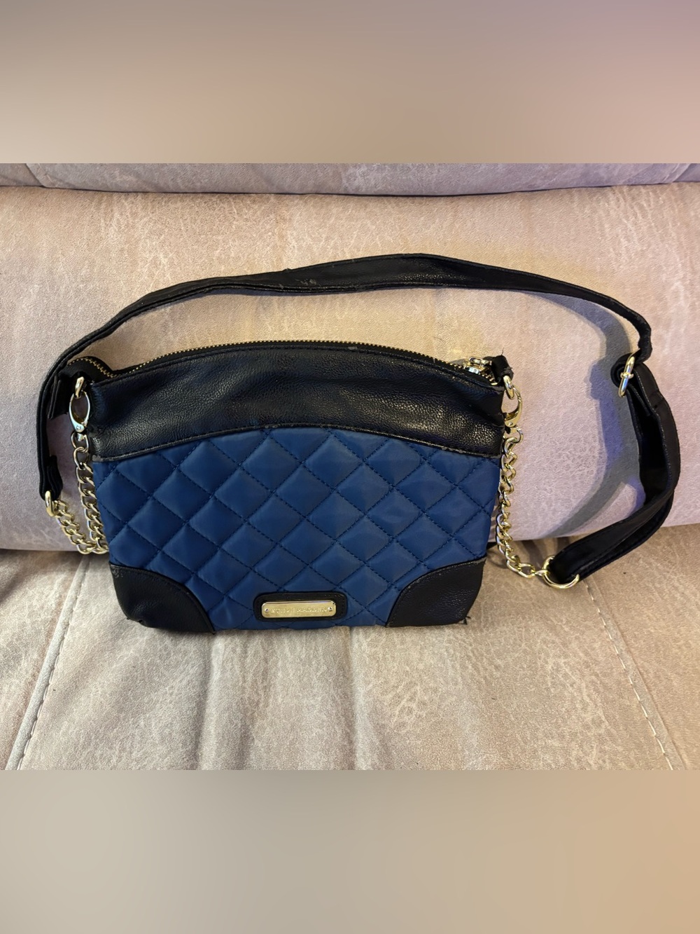 Steve Madden Navy and Black Quilted Crossbody with Gold Chain Trim